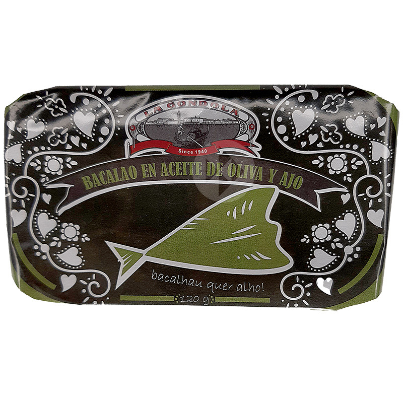 BACALAO EN ACEITE OLIVA AJILLO LATA 120g.(12p/caja)